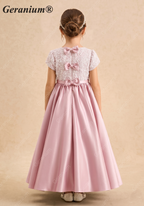 Geranium Elegant Pink Pearl Beaded Lace Flower Girl Dress with Triple Bow Back & Satin A-Line Skirt KD-237