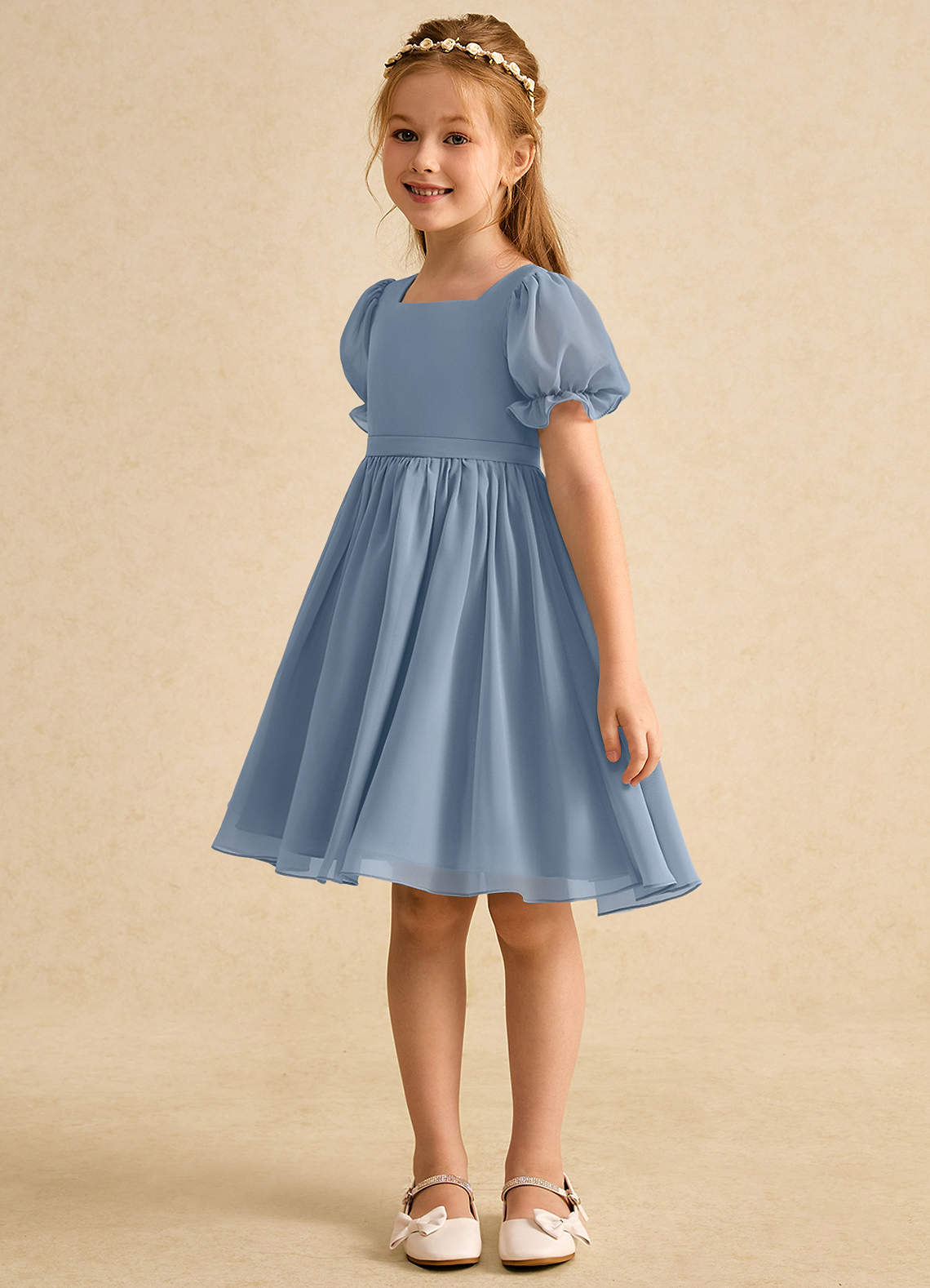 Geranium Elegant Square Neck Chiffon Flower Girl Dress with Puff Sleeves and Detachable Back Bow KD-301