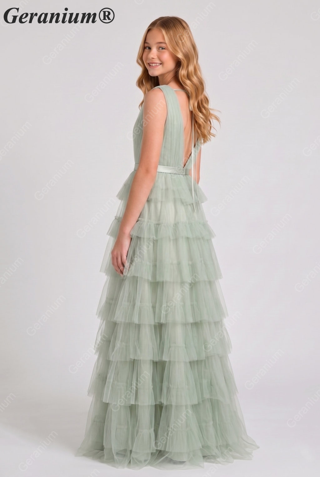 Geranium Elegant Sage Green Tiered Tulle Junior Bridesmaid Dress with V-Neck KD-334