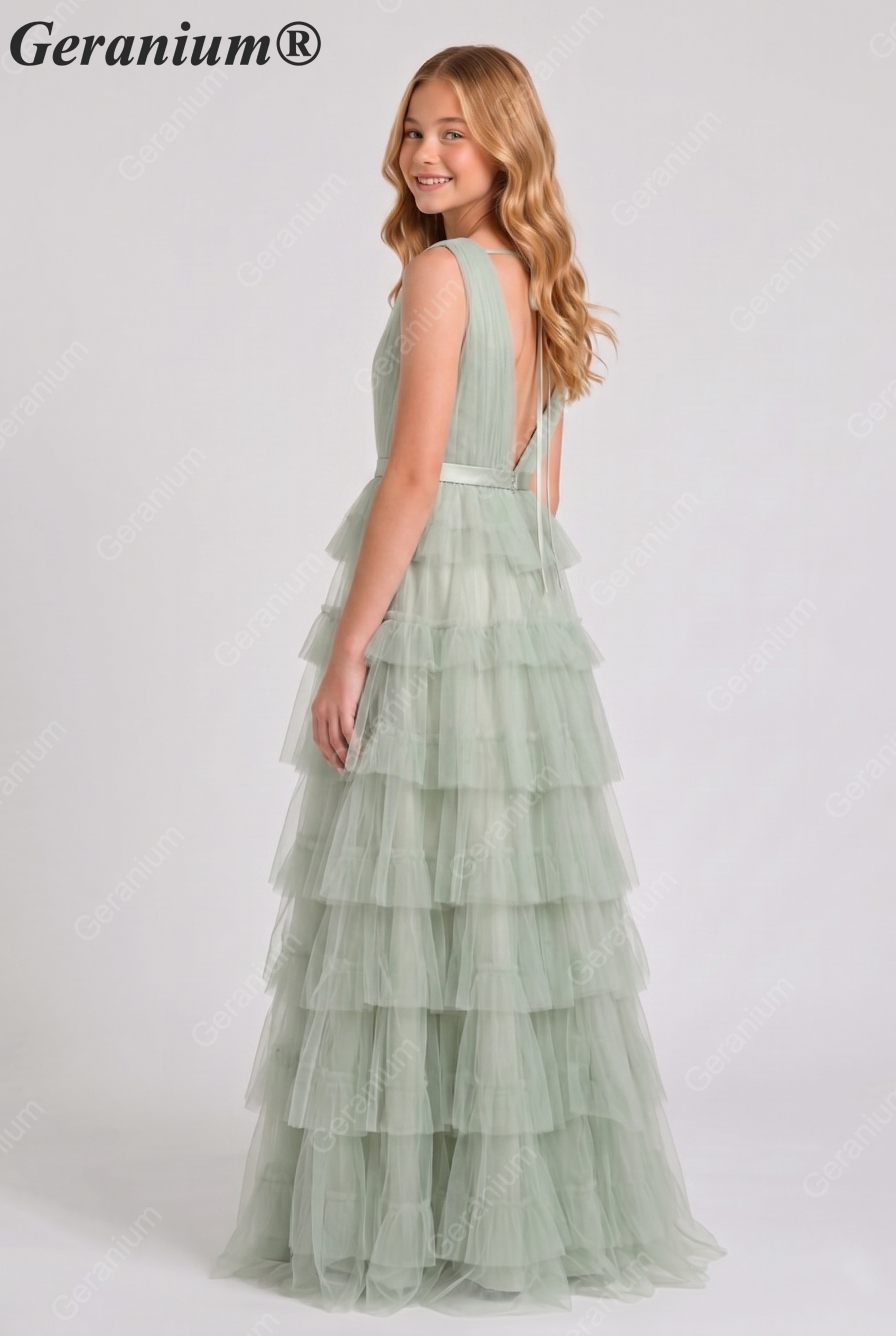 Geranium Elegant Sage Green Tiered Tulle Junior Bridesmaid Dress with V-Neck KD-334