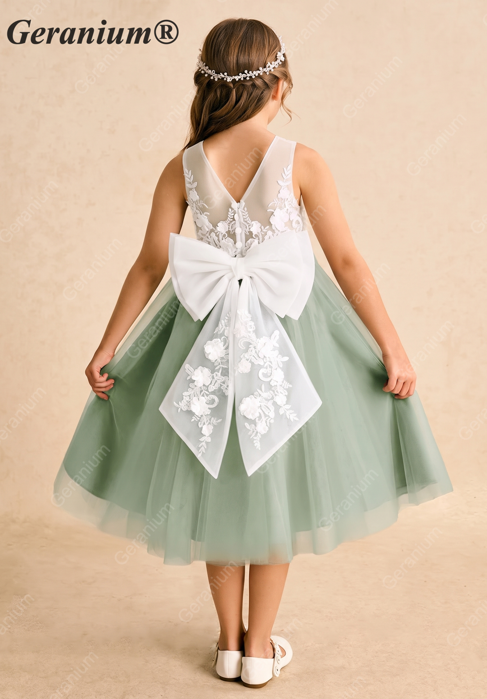 Geranium Sage Green Flower Girl Dress: Embroidered Lace Applique Bodice with Oversized Back Bow KD-200