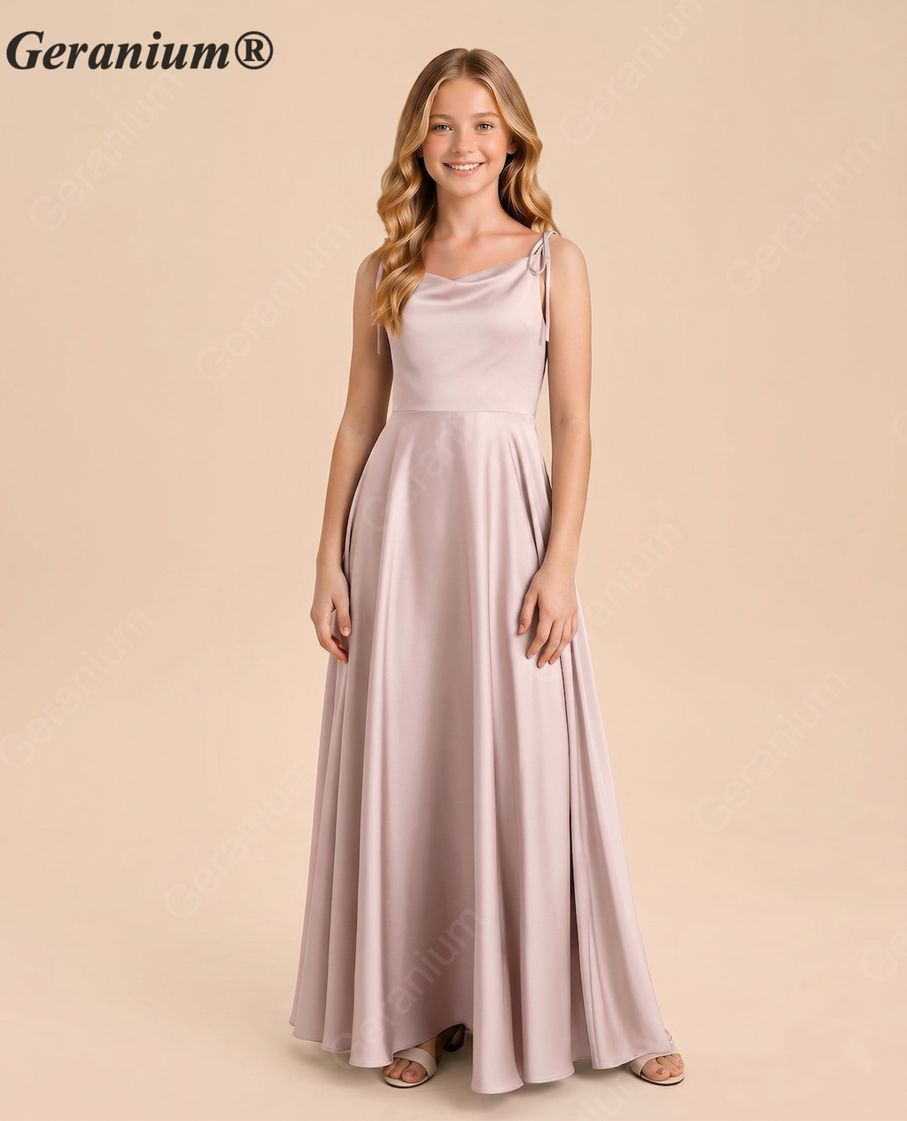 Geranium Elegant Tie-Strap Satin A-Line Junior Bridesmaid Dress in Soft Taupe KD-72