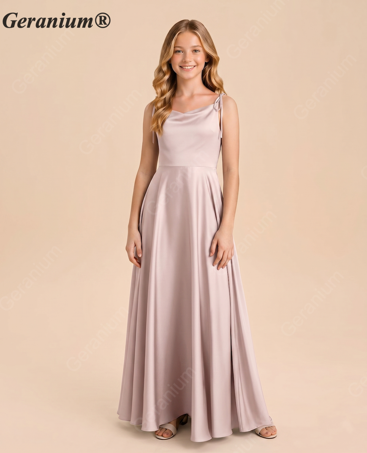 Geranium Elegant Tie-Strap Satin A-Line Junior Bridesmaid Dress in Soft Taupe KD-72