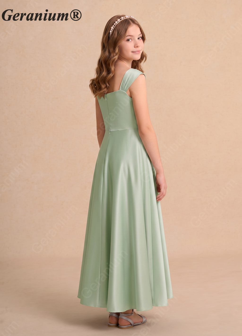 Geranium Sage Green Satin Flower Girl Dress – Square Neck Cap Sleeve A-Line Ankle Length Junior Bridesmaid Dress KD-103