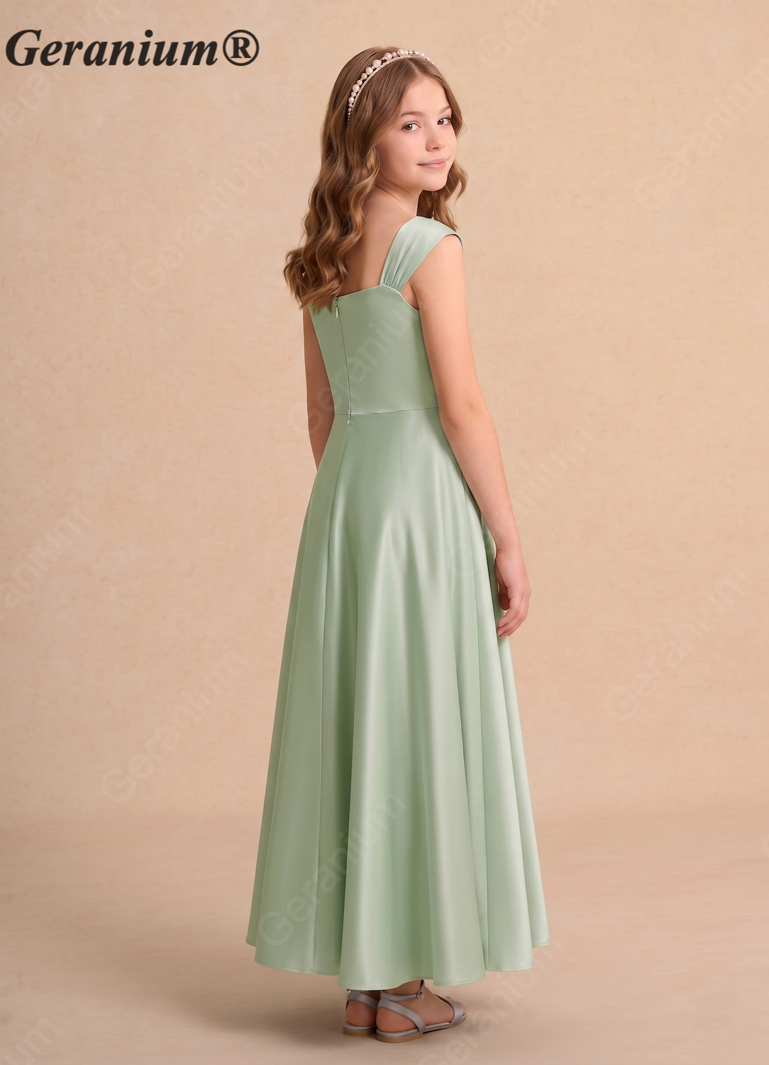 Geranium Sage Green Satin Flower Girl Dress – Square Neck Cap Sleeve A-Line Ankle Length Junior Bridesmaid Dress KD-103