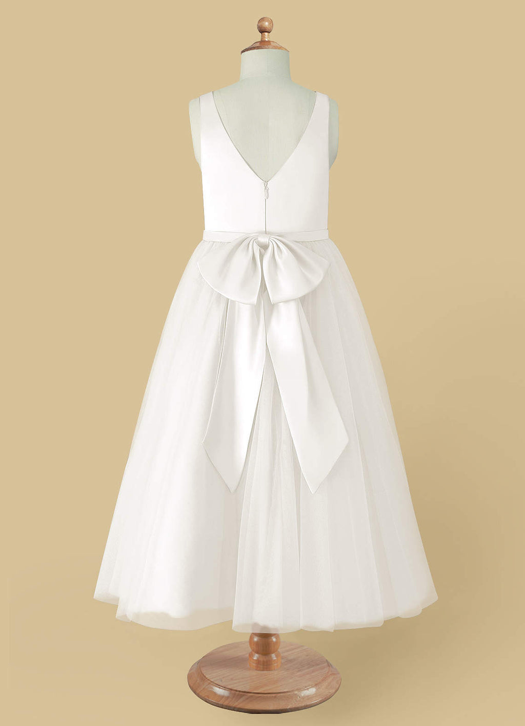 Geranium Simple V-Neck Satin & Tulle Flower Girl Dress - Elegant A-Line Ball Gown with Oversized Back Bow KD-199