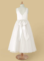 Geranium Simple V-Neck Satin & Tulle Flower Girl Dress - Elegant A-Line Ball Gown with Oversized Back Bow KD-199