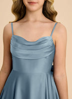 Geranium Dusty Blue Satin A-Line Bridesmaid Dress with Cowl Neck & Bow Back – Elegant Floor Length Evening Gown KD-155