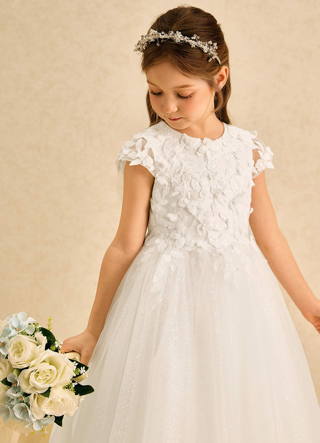 Geranium Elegant 3D Floral Applique Cap Sleeve Flower Girl Dress - Ankle Length Tulle Gown KD-234