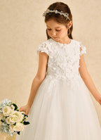 Geranium Elegant 3D Floral Applique Cap Sleeve Flower Girl Dress - Ankle Length Tulle Gown KD-234