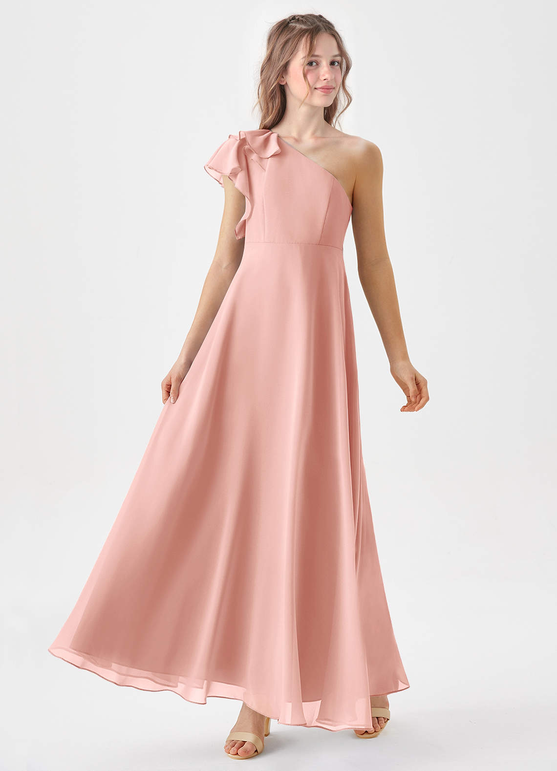 Geranium One Shoulder Chiffon Bridesmaid Dress with Ruffle Detail A-Line Floor Length Elegant Formal Gown KD-68