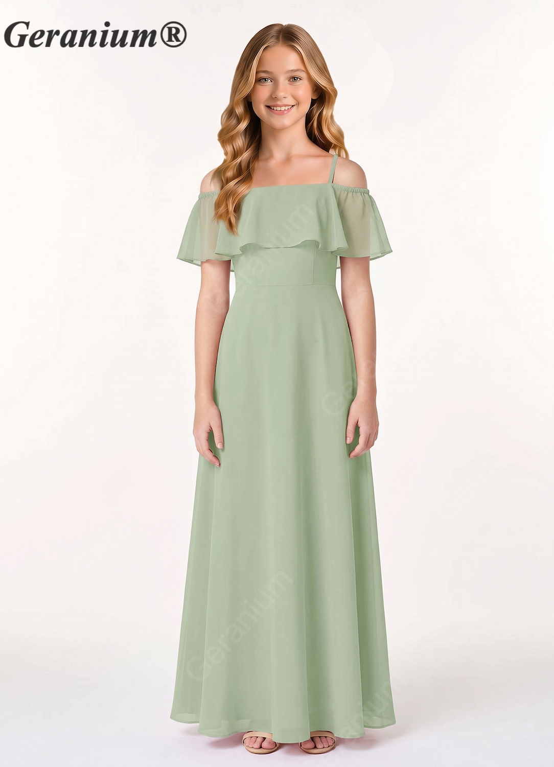Geranium Elegant Cold-Shoulder Ruffle Chiffon Junior Bridesmaid Maxi Dress - Sage Green KD-71
