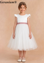 Geranium Elegant White Flower Girl Dress - Ruffle Cap Sleeve Tulle A-Line Party Gown with Optional Mauve Sash KD-272