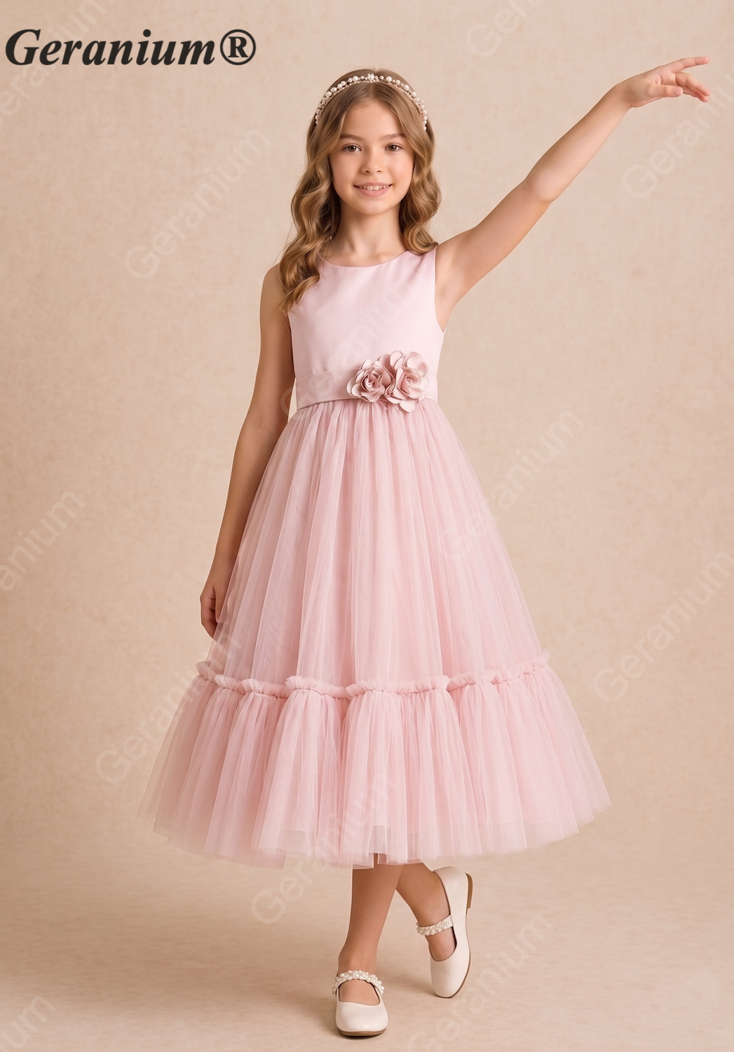 Geranium Elegant Blush Pink Tulle Flower Girl Dress with 3D Floral Waist & Back Bow KD-206J