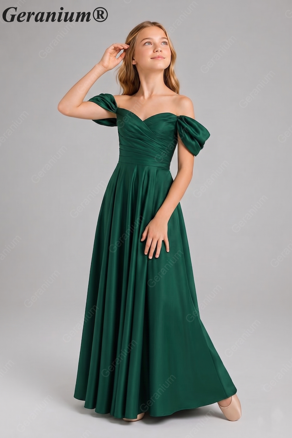 Geranium Elegant Emerald Green Off-The-Shoulder Satin Junior Formal Dress KD-336