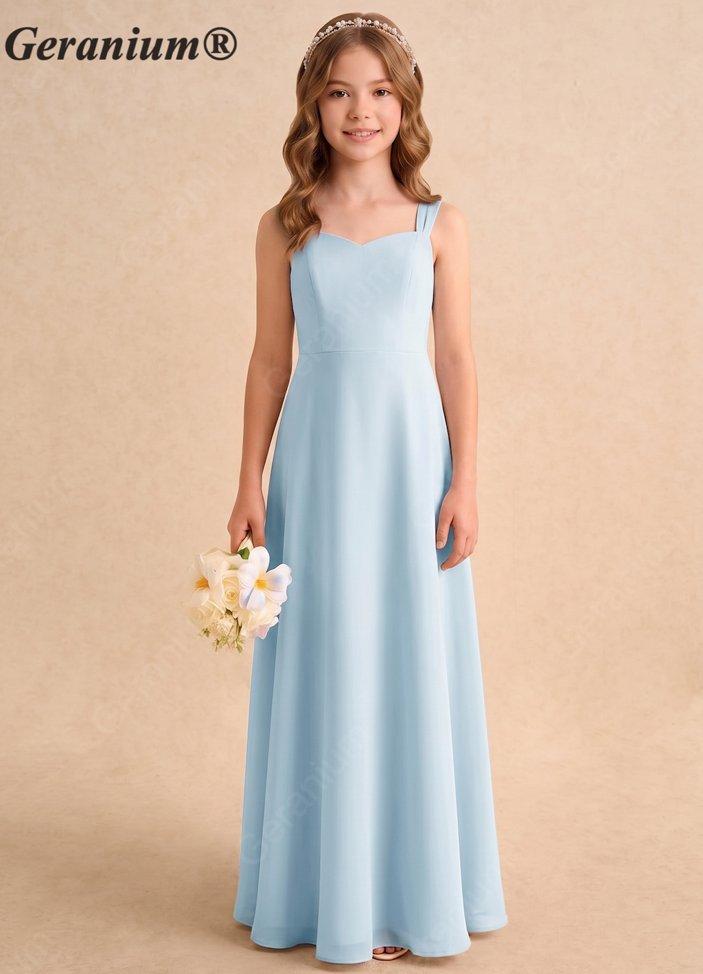 Geranium Elegant Light Blue Chiffon A-Line Junior Bridesmaid Dress with Sweetheart Neckline KD-163