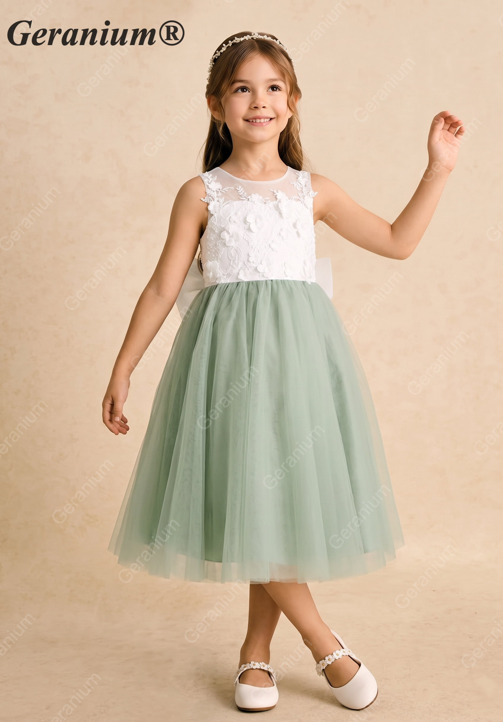 Geranium Sage Green Flower Girl Dress: Embroidered Lace Applique Bodice with Oversized Back Bow KD-200