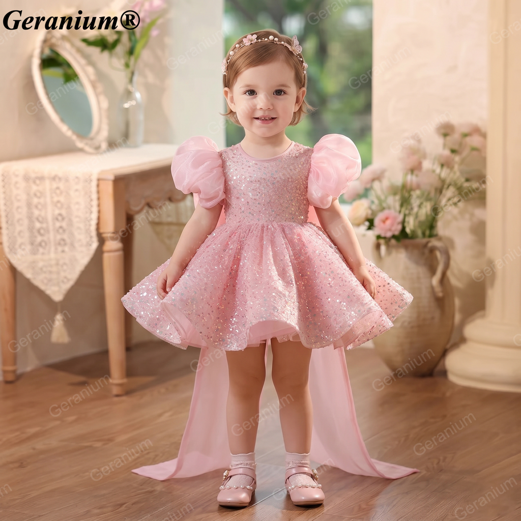 Geranium Sparkling Pink Sequin Toddler Princess Tutu Dress - Puffy Sleeves with Grand Back Bow & Streamers - Birthday & Flower Girl Gown KD-48