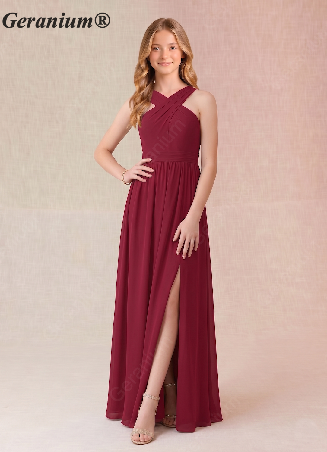 Geranium Junior Burgundy Chiffon A-Line Halter Neck Floor-Length Bridesmaid Dress with Front Slit KD-65 Secondary image
