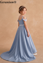 Geranium Ice Blue Satin Cold-Shoulder Flower Girl Dress with Sequin Waist & Long Train KD-263