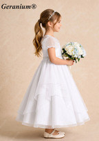 Geranium Elegant Tiered Tulle Flower Girl Dress with Puff Sleeves & Crystal Belt KD-207