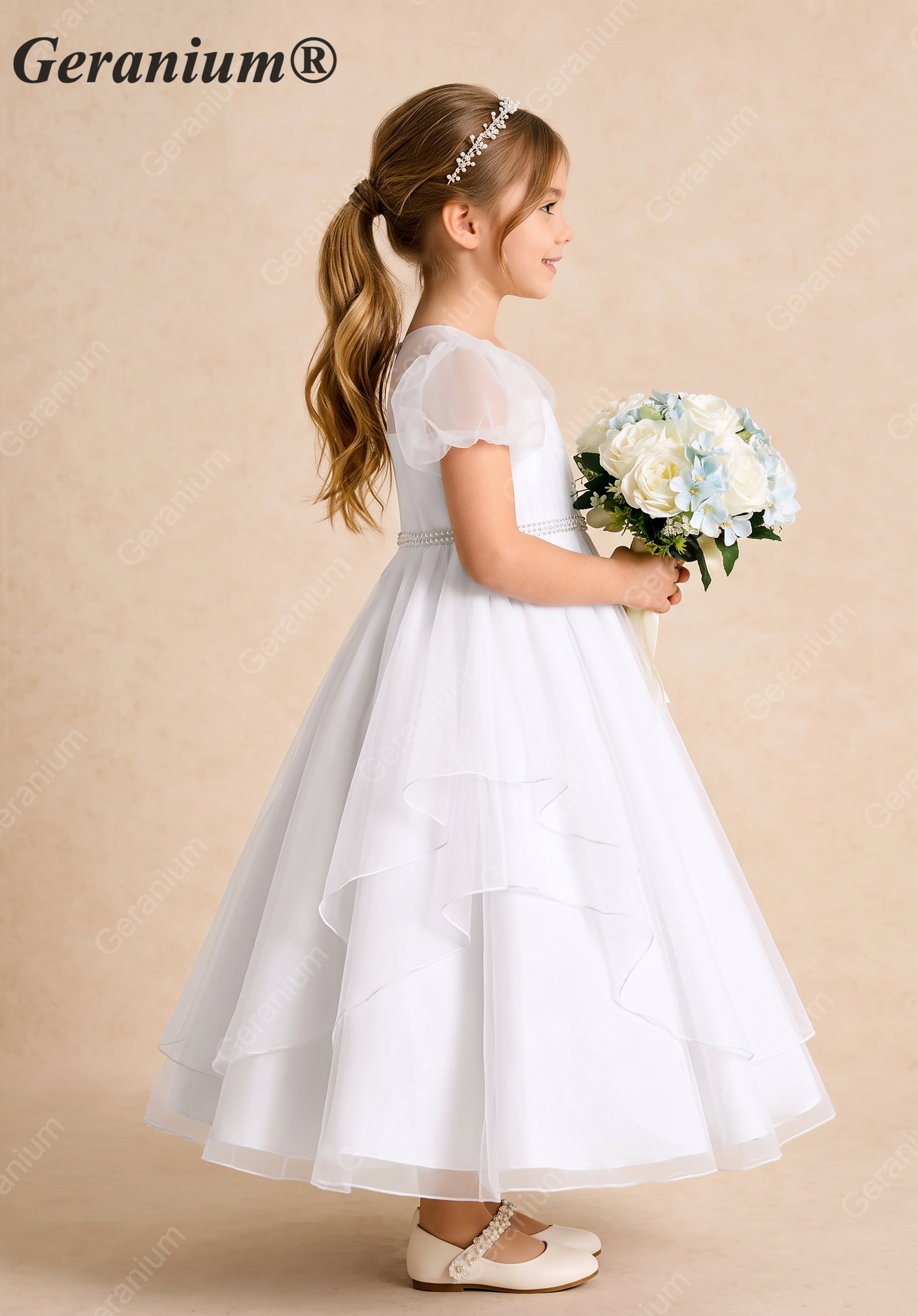 Geranium Elegant Tiered Tulle Flower Girl Dress with Puff Sleeves & Crystal Belt KD-207