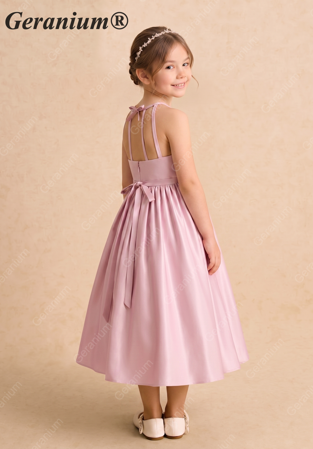 Geranium Elegant Pink Satin Flower Girl Dress - Halter Neck A-Line Junior Bridesmaid Gown with Open Back Bow KD-264