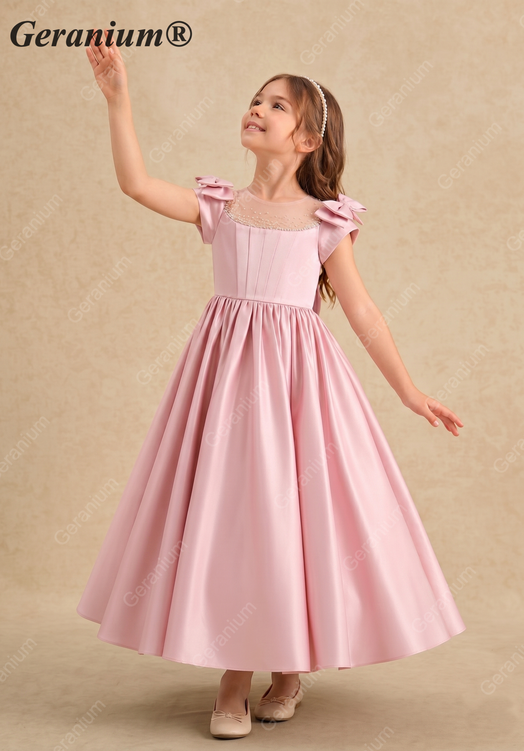 Geranium Elegant Pink Satin Flower Girl Dress - Pearl Illusion Back with Detachable Oversized Bow, Sleeveless Princess Gown for Weddings & Parties KD-239