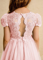 Geranium Elegant Lace Applique Tulle Flower Girl Dress - Scalloped Open Back Floor Length Ball Gown for Weddings & Special Occasions KD-212