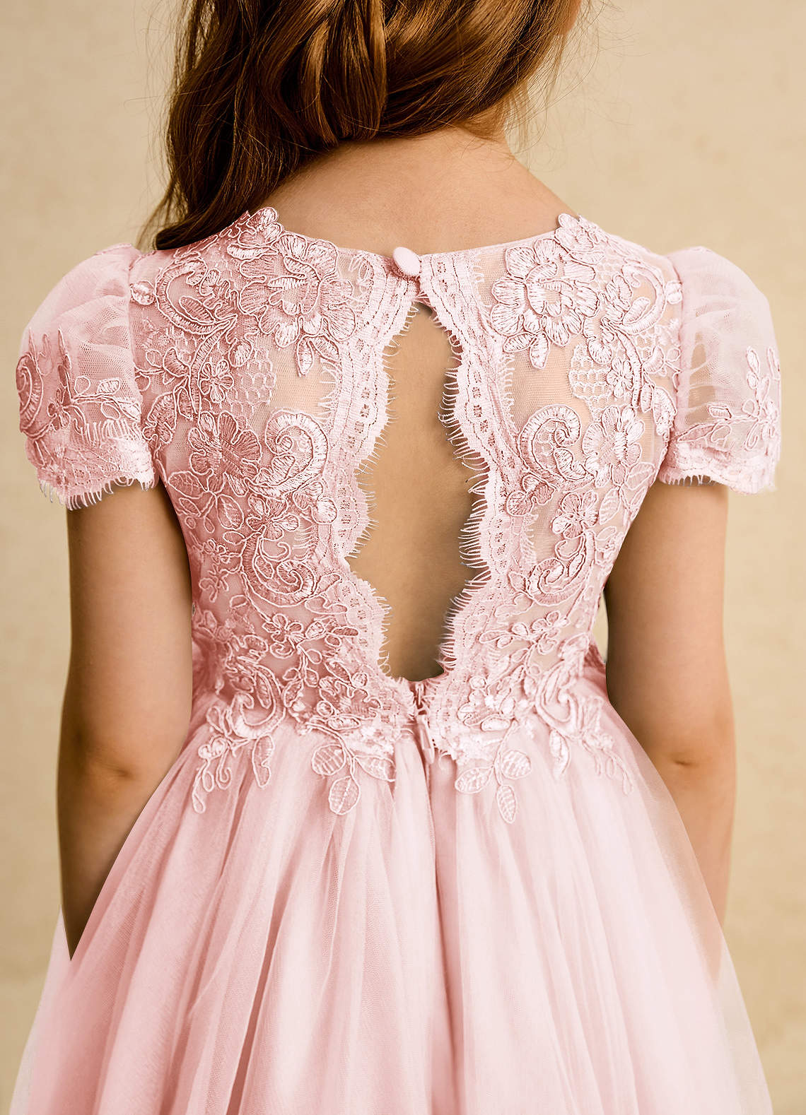Geranium Elegant Lace Applique Tulle Flower Girl Dress - Scalloped Open Back Floor Length Ball Gown for Weddings & Special Occasions KD-212