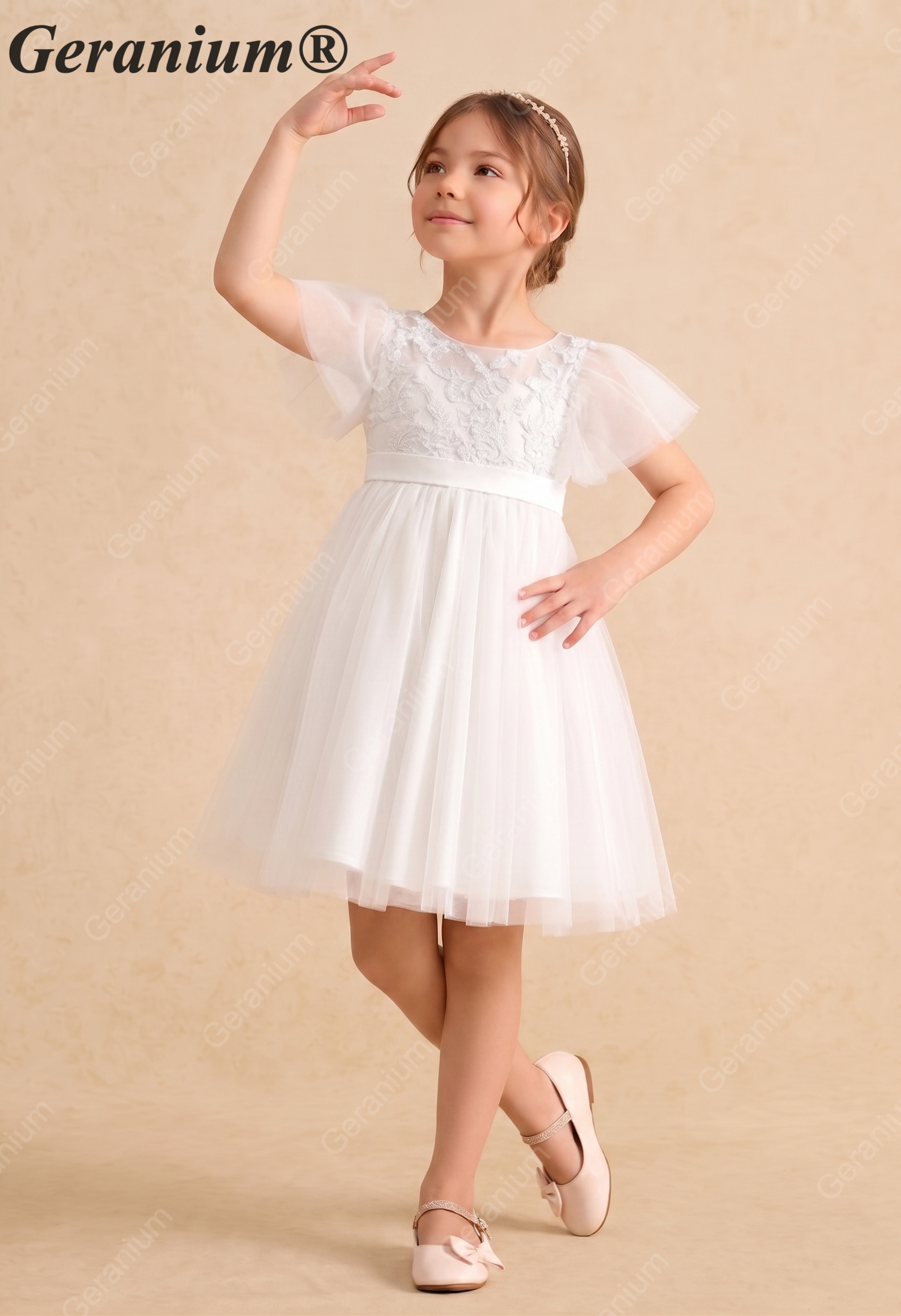 Geranium Elegant Lace Flower Girl Dress with Flutter Sleeves & Satin Bow - Knee Length Tulle Princess Gown KD-247 Secondary image