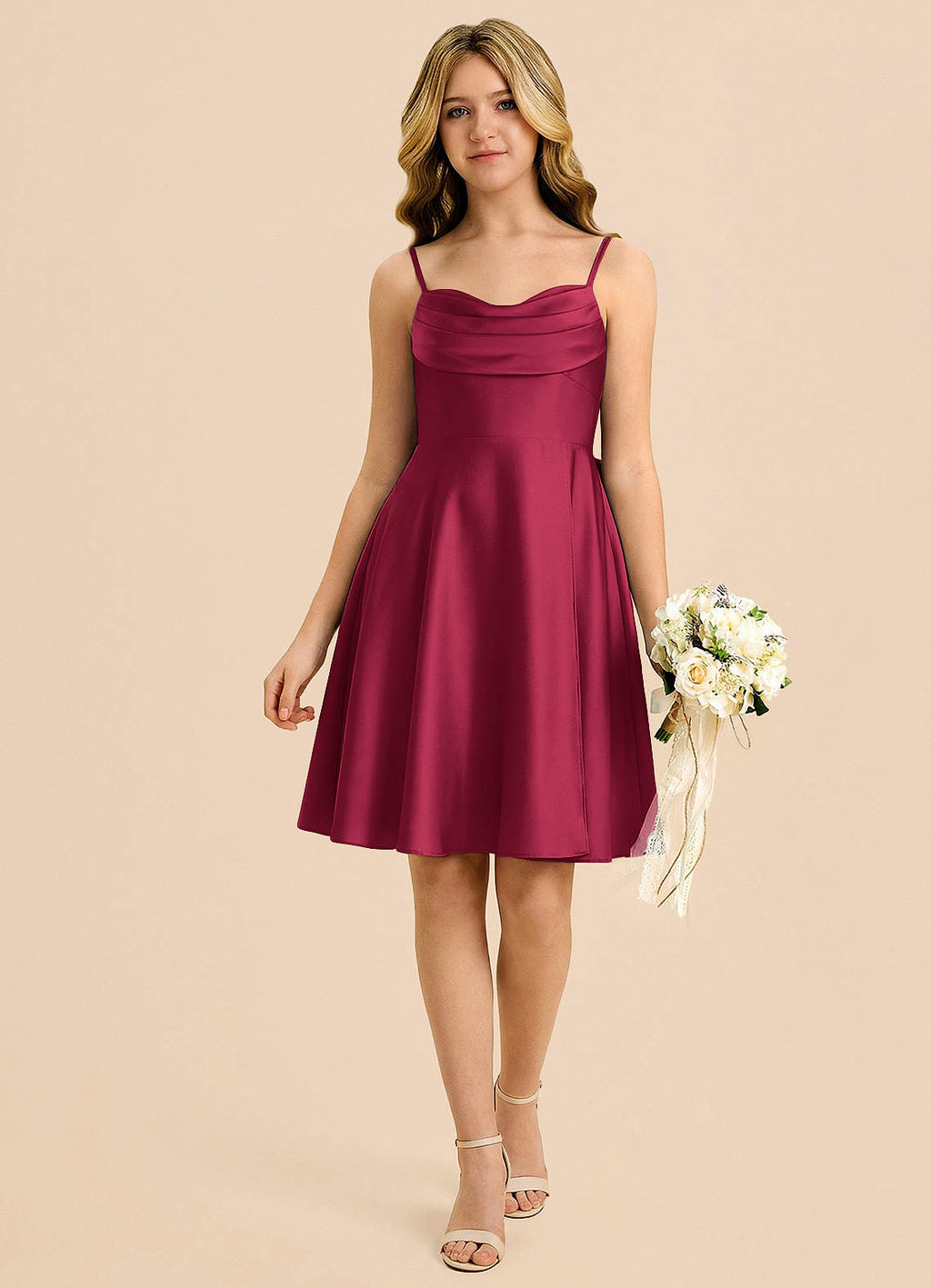 Geranium Burgundy Satin Junior Bridesmaid Dress with Spaghetti Straps & Bow Back – Knee Length A-Line Party Dress KD-78