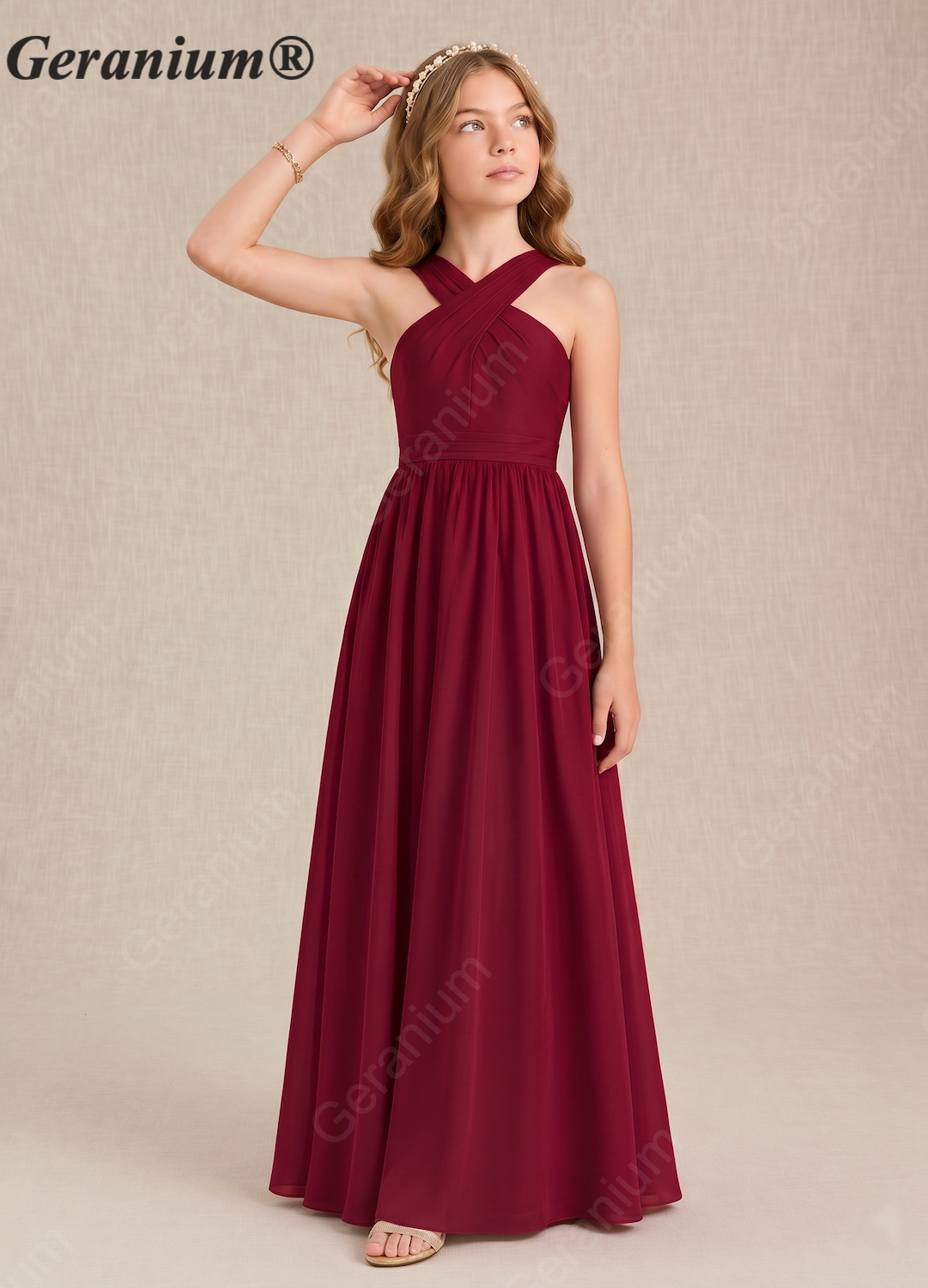 Geranium Elegant Chiffon Criss-Cross Halter Junior Bridesmaid Dress in Burgundy KD-65J Secondary image