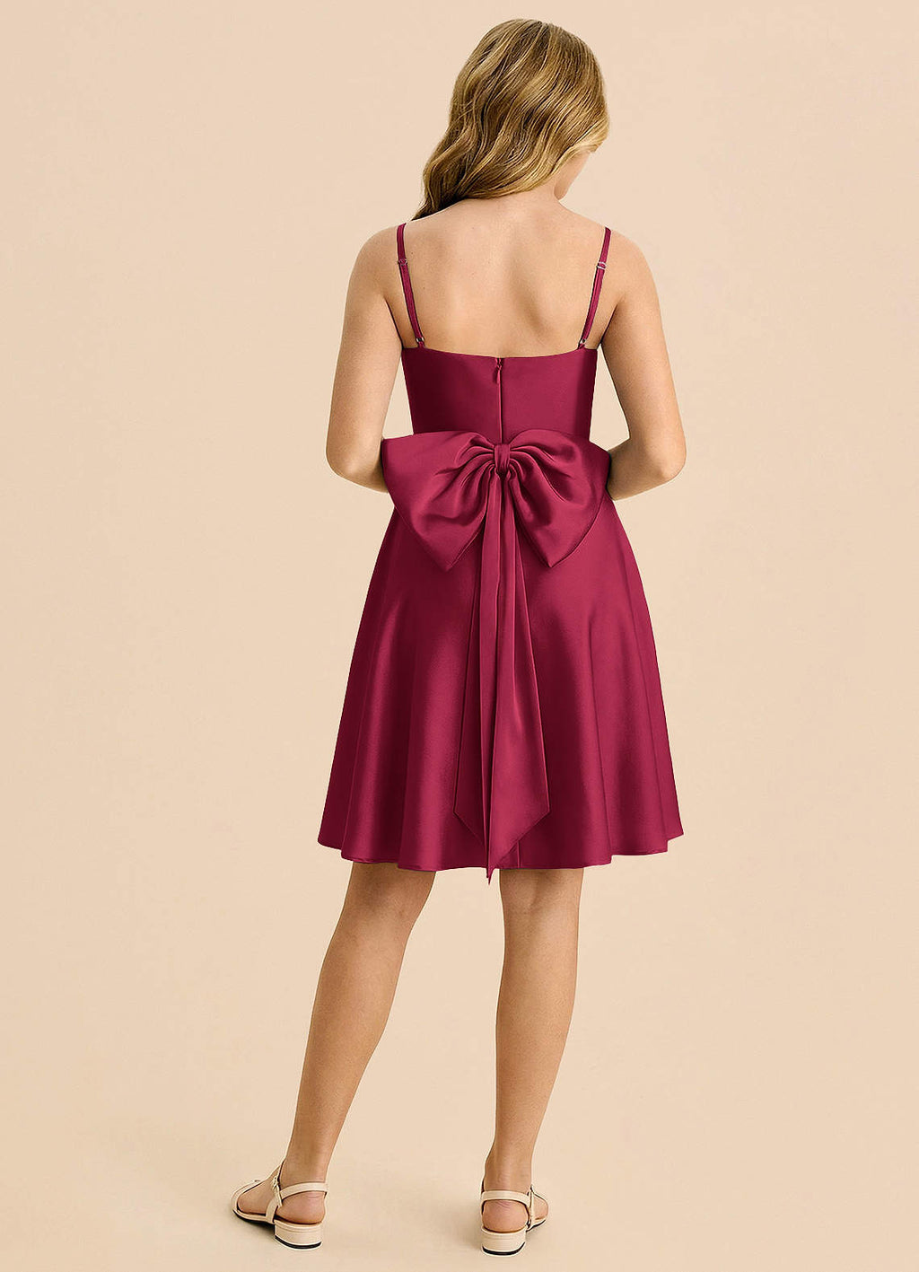 Geranium Burgundy Satin Junior Bridesmaid Dress with Spaghetti Straps & Bow Back – Knee Length A-Line Party Dress KD-78