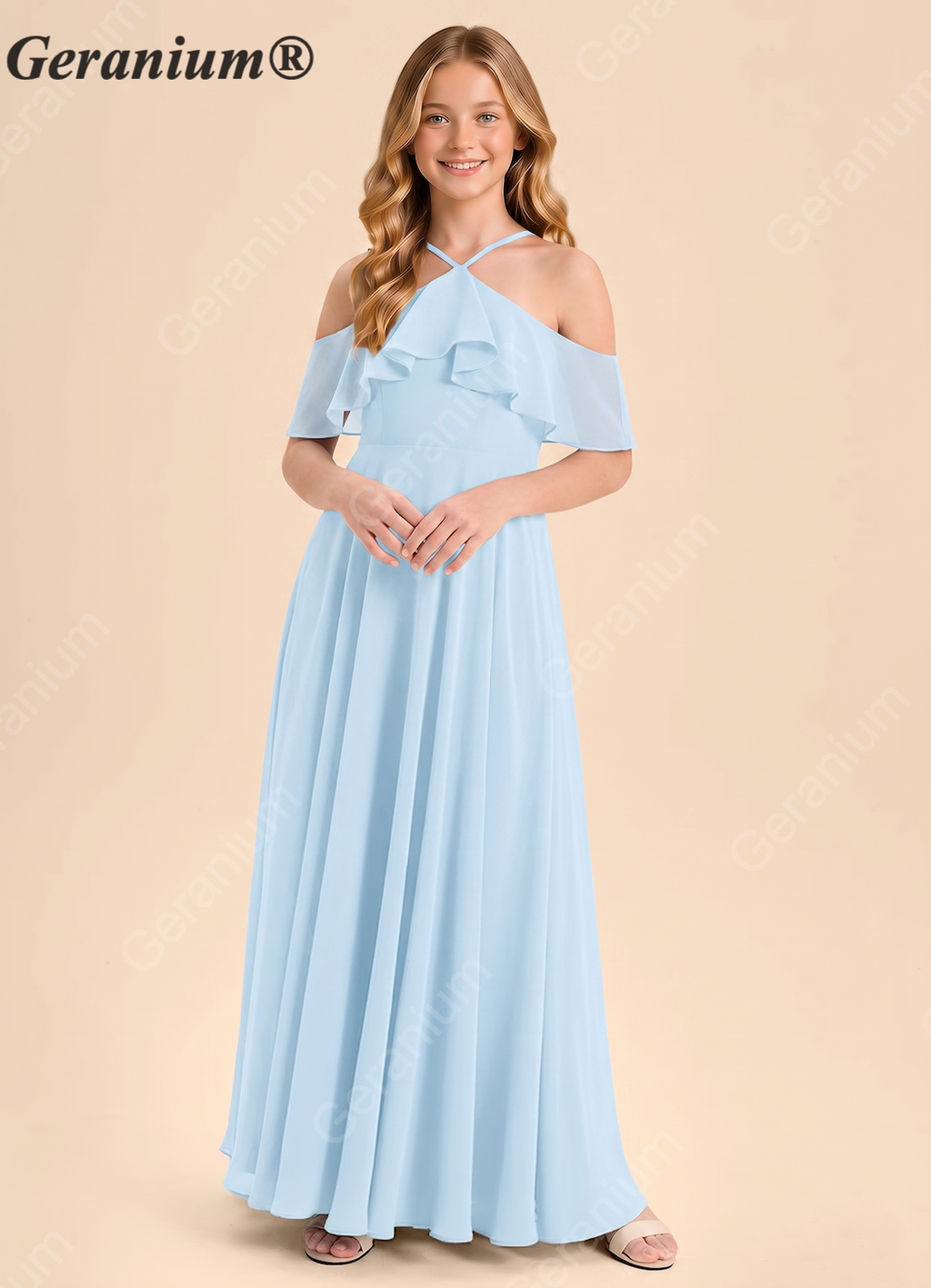 Geranium Cold-Shoulder Chiffon Bridesmaid Gown: Ruffled Halter Neckline, A-Line Floor-Length KD-175