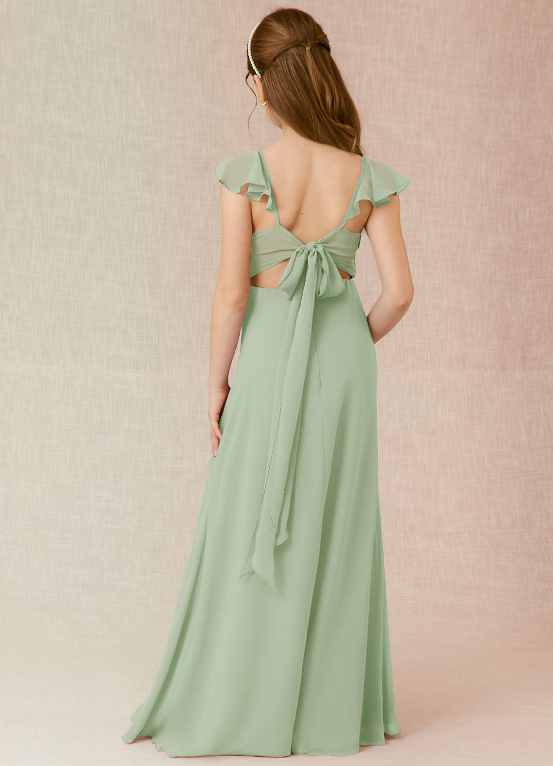Geranium Sage Green Flutter Sleeve Chiffon Junior Bridesmaid Dress with Bow Back & Side Slit KD-69