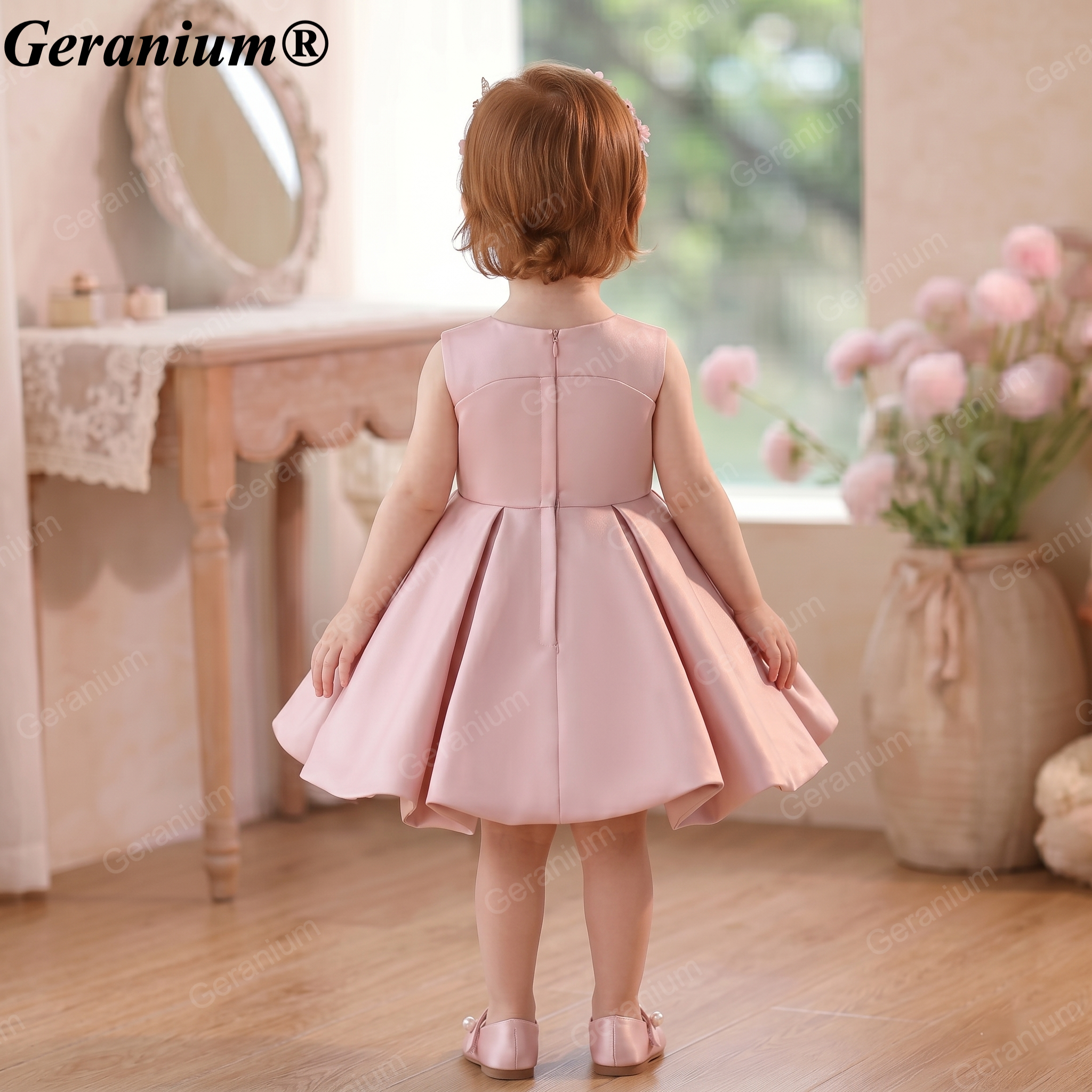 Geranium Blushing Pink Satin Bow Birthday Dress with Pleated Skirt – KD-50 Secondary image