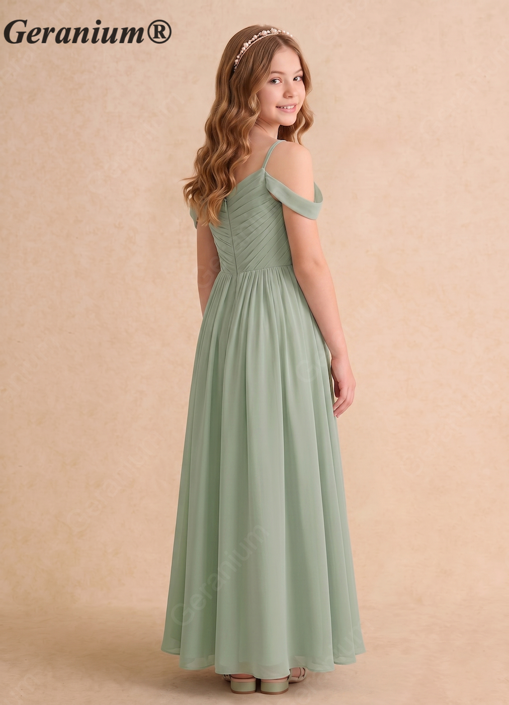 Geranium Sage Green Chiffon Flower Girl Dress with Pleated Bodice & Cold Shoulder Straps – Floor Length Junior Bridesmaid Dress KD-165