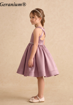 Geranium Girls Mauve Satin Hi-Low Dress with Pearl Waistband & Detachable Ruffled Tulle Train KD-283
