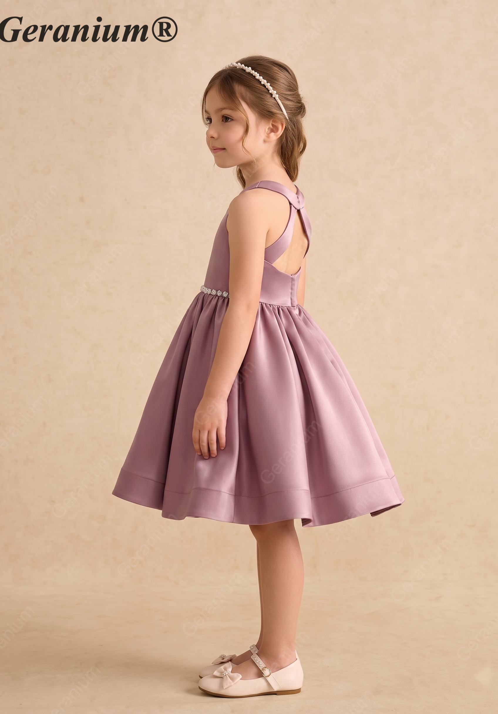 Geranium Girls Mauve Satin Hi-Low Dress with Pearl Waistband & Detachable Ruffled Tulle Train KD-283