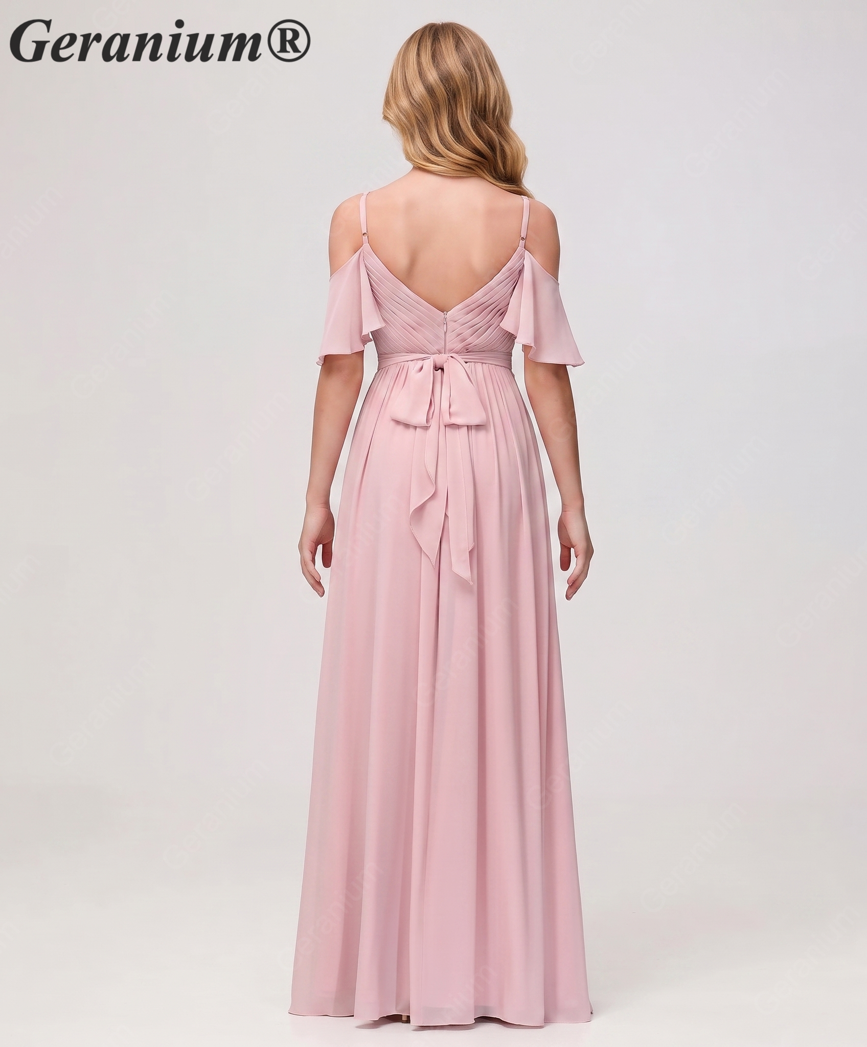 Geranium Cold Shoulder V-Neck Chiffon Junior Bridesmaid Dress with Side Slit – KD-318 Secondary image
