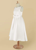 Geranium Elegant Satin Sleeveless Flower Girl Dress with Bow Sash - A-Line First Communion Princess Gown KD-261