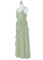 Geranium Sage Green Chiffon Junior Bridesmaid Dress with Ruffle Skirt – Spaghetti Strap V-Neck Teen Formal Dress KD-57