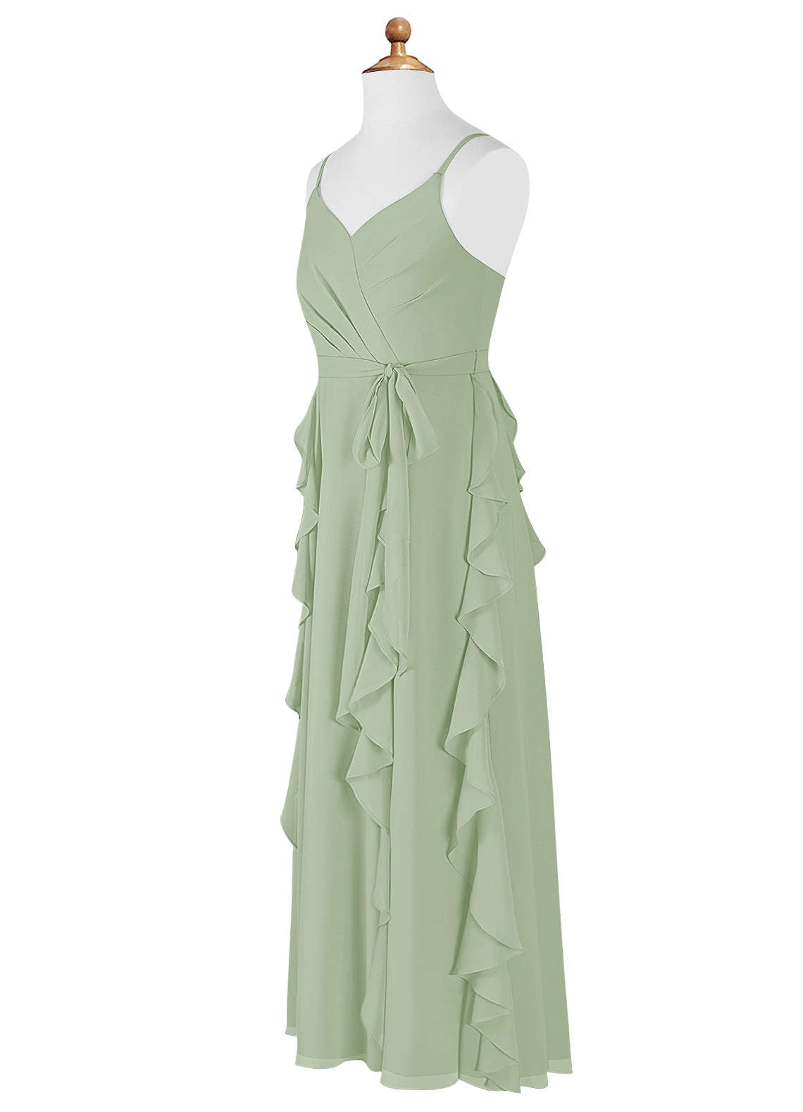 Geranium Sage Green Chiffon Junior Bridesmaid Dress with Ruffle Skirt – Spaghetti Strap V-Neck Teen Formal Dress KD-57