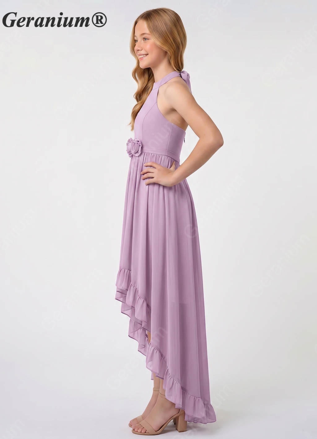 Geranium Lilac Halter High Low Junior Bridesmaid Dress with Floral Waist Chiffon Flowy Formal Dress for Girls KD-59