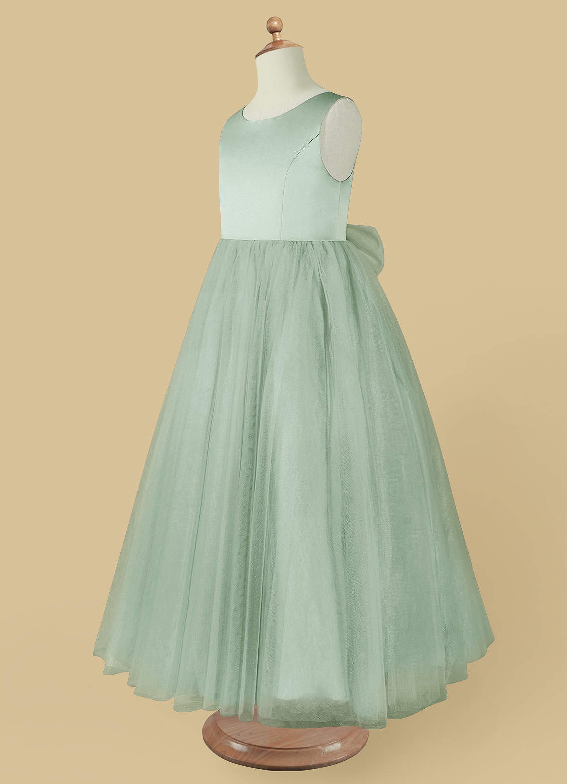 Geranium Heart Back Sage Green Tulle Flower Girl Dress with Oversized Bow KD-258