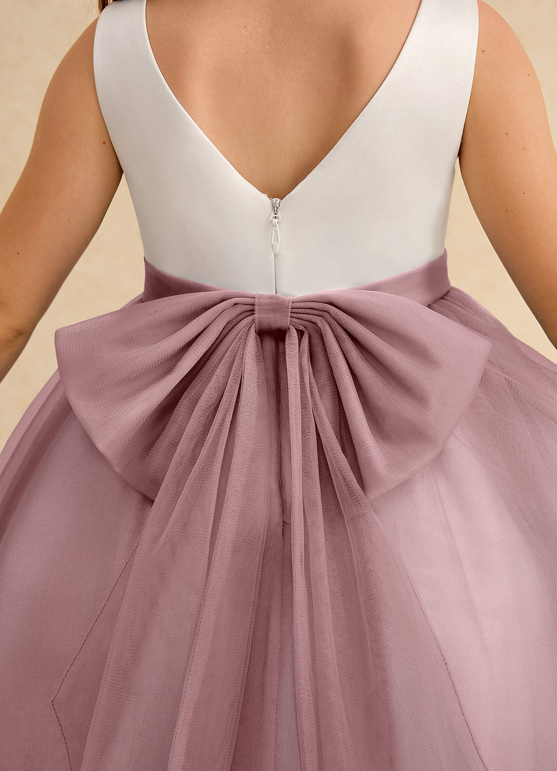Geranium Elegant Two-Tone Flower Girl Dress: White Satin Sleeveless Bodice with Dusty Mauve Tiered Tulle Skirt & Detachable Oversized Bow KD-240