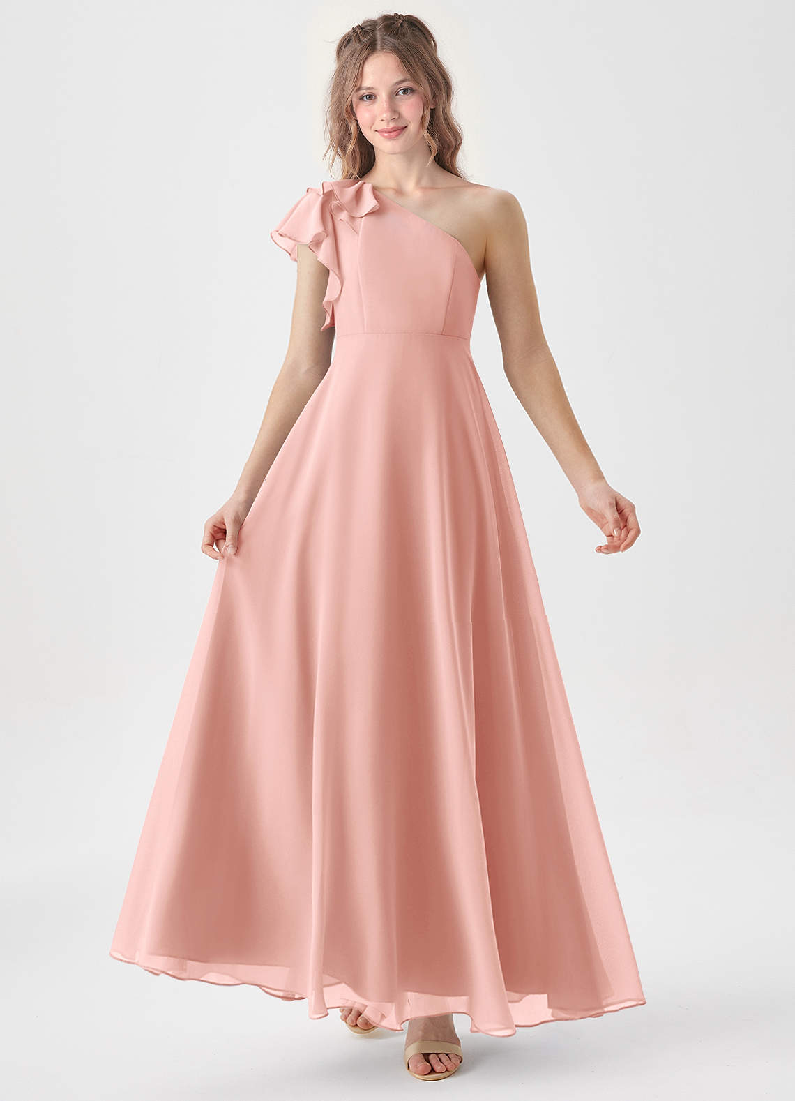 Geranium One Shoulder Chiffon Bridesmaid Dress with Ruffle Detail A-Line Floor Length Elegant Formal Gown KD-68