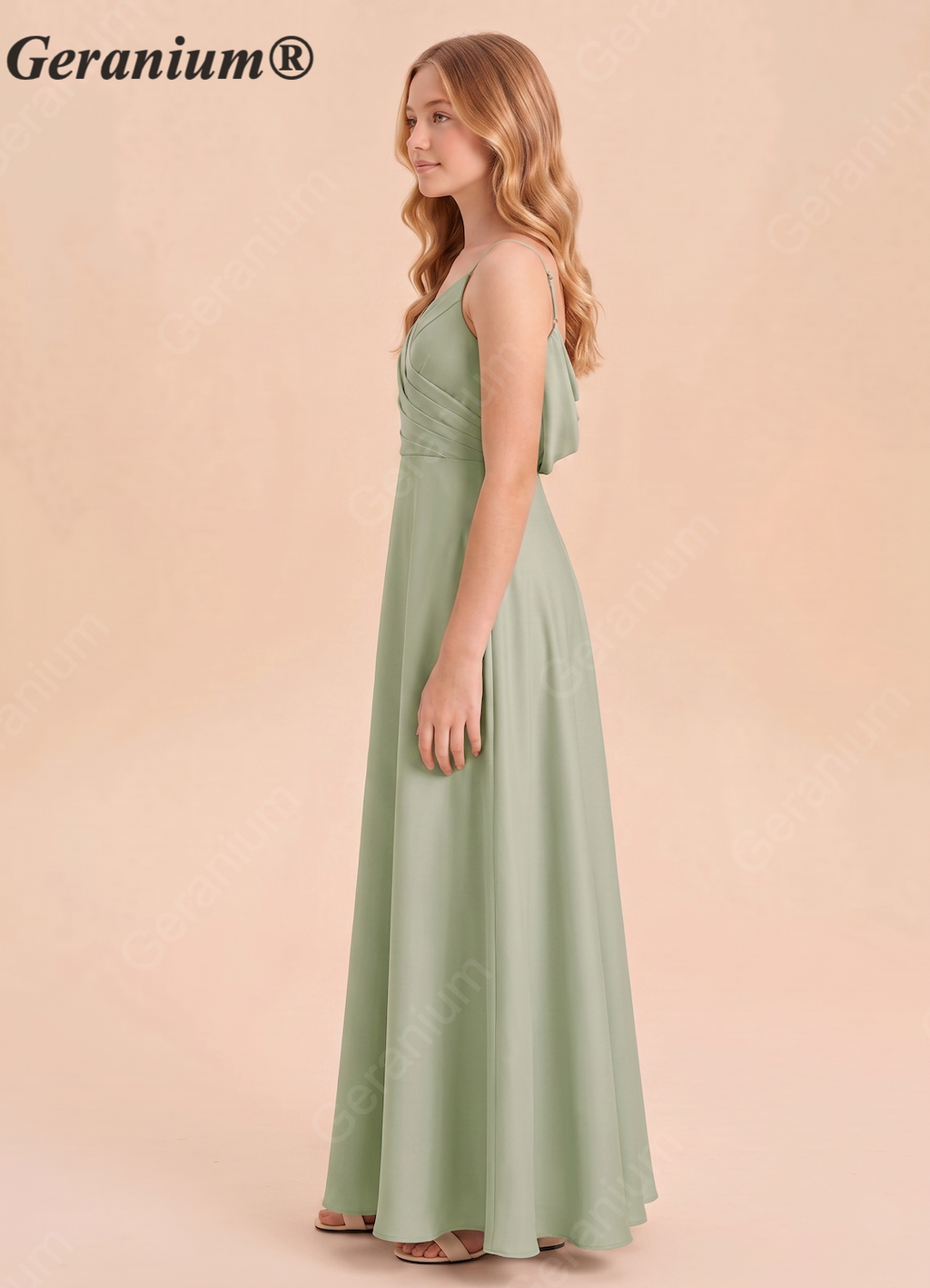 Geranium Sage Green A-Line Satin Bridesmaid Dress with Draped Back & Spaghetti Straps KD-62