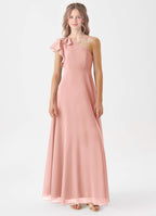 Geranium One Shoulder Chiffon Bridesmaid Dress with Ruffle Detail A-Line Floor Length Elegant Formal Gown KD-68